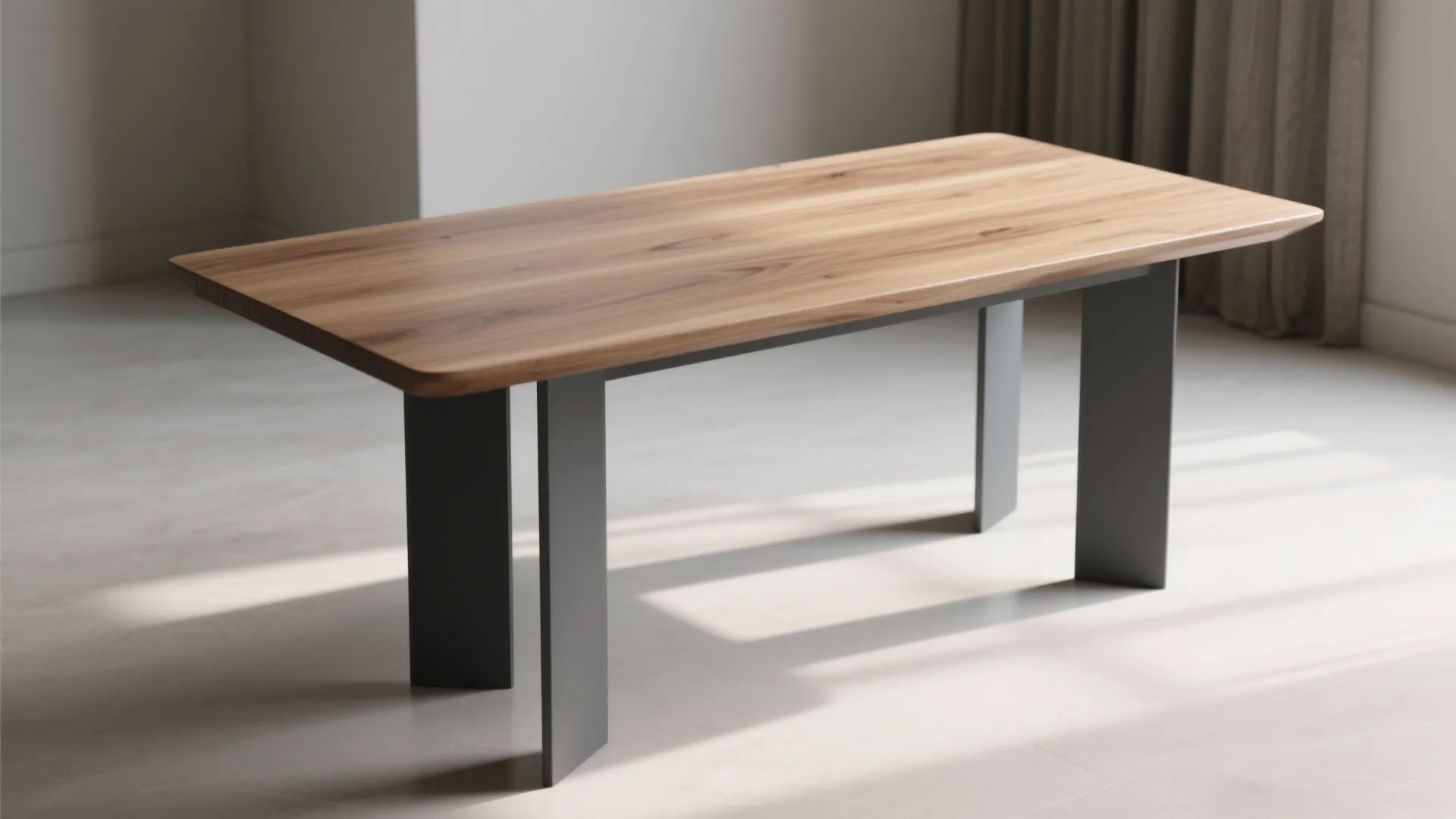 Modern rectangular dining table with a natural wood top and dark grey metal legs inside