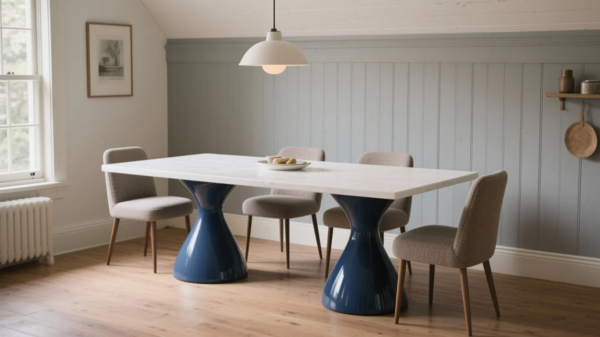 Modern dining room featuring white table with blue pedestals four grey chairs and ceiling light