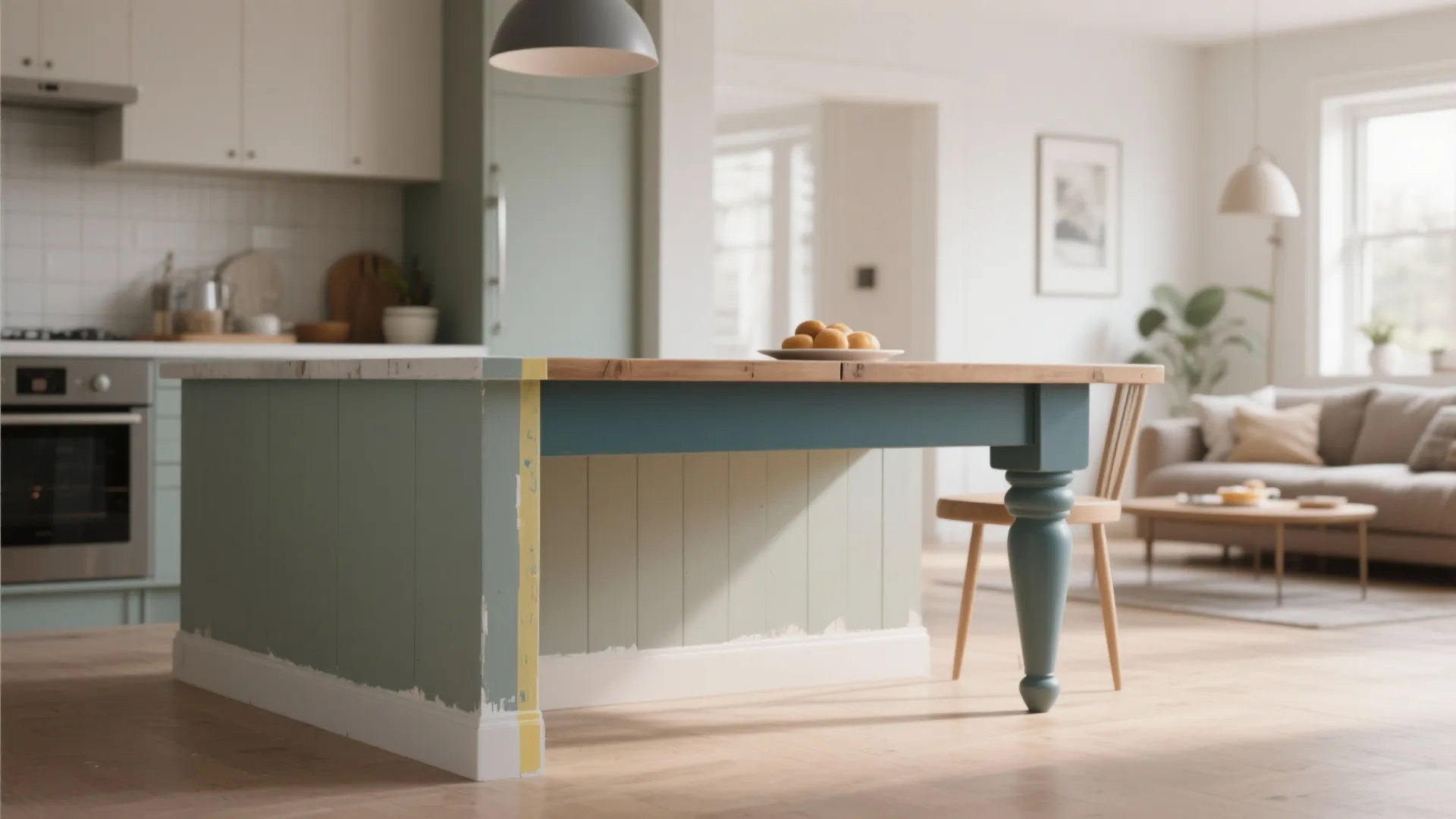 Kitchen island with two different paint colors showing a DIY renovation project in progress design