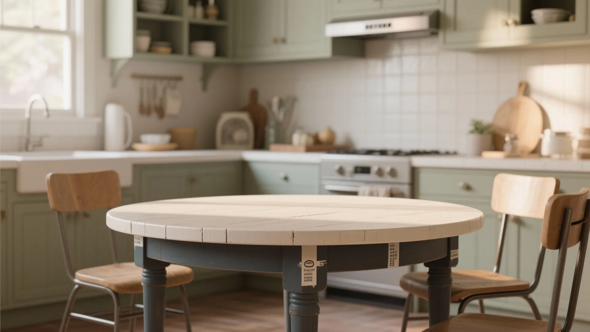 Round two tone dining table with white top and dark legs in a green kitchen