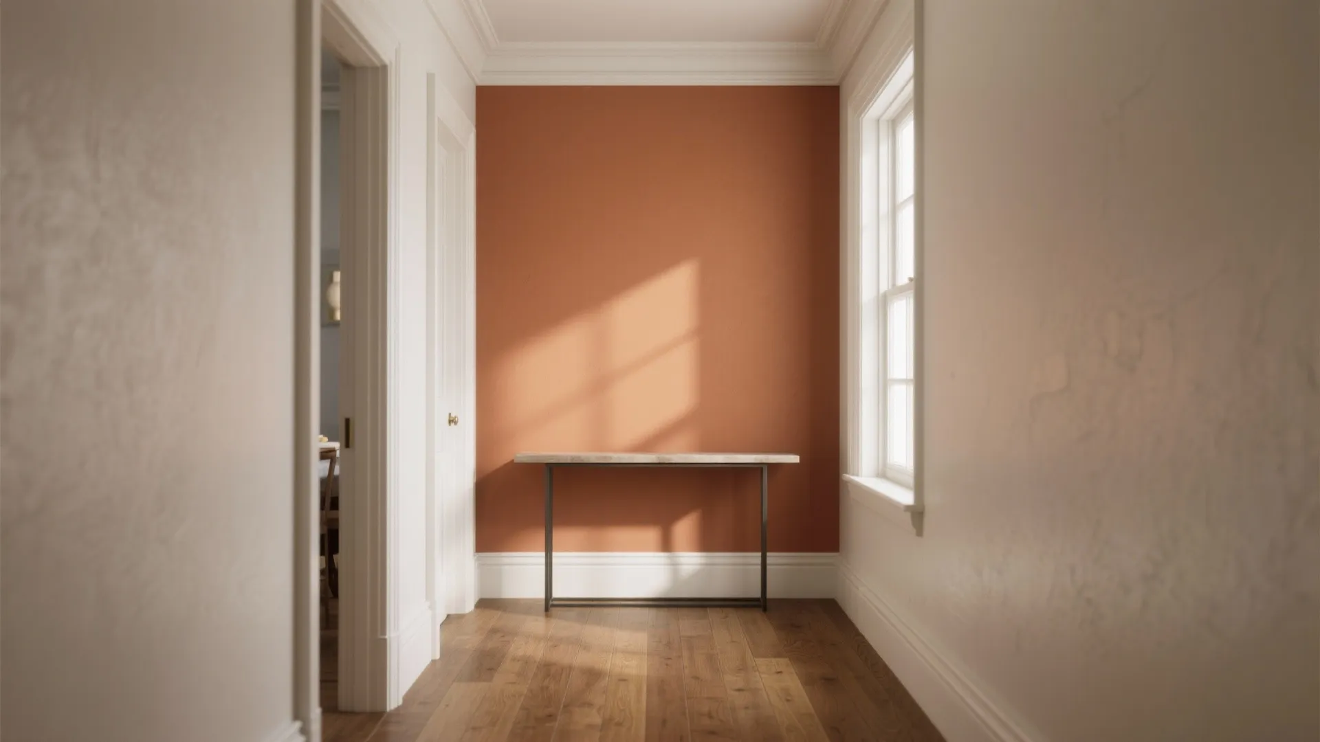 Bright white hallway leading to orange accent wall featuring slim table wooden floor and window