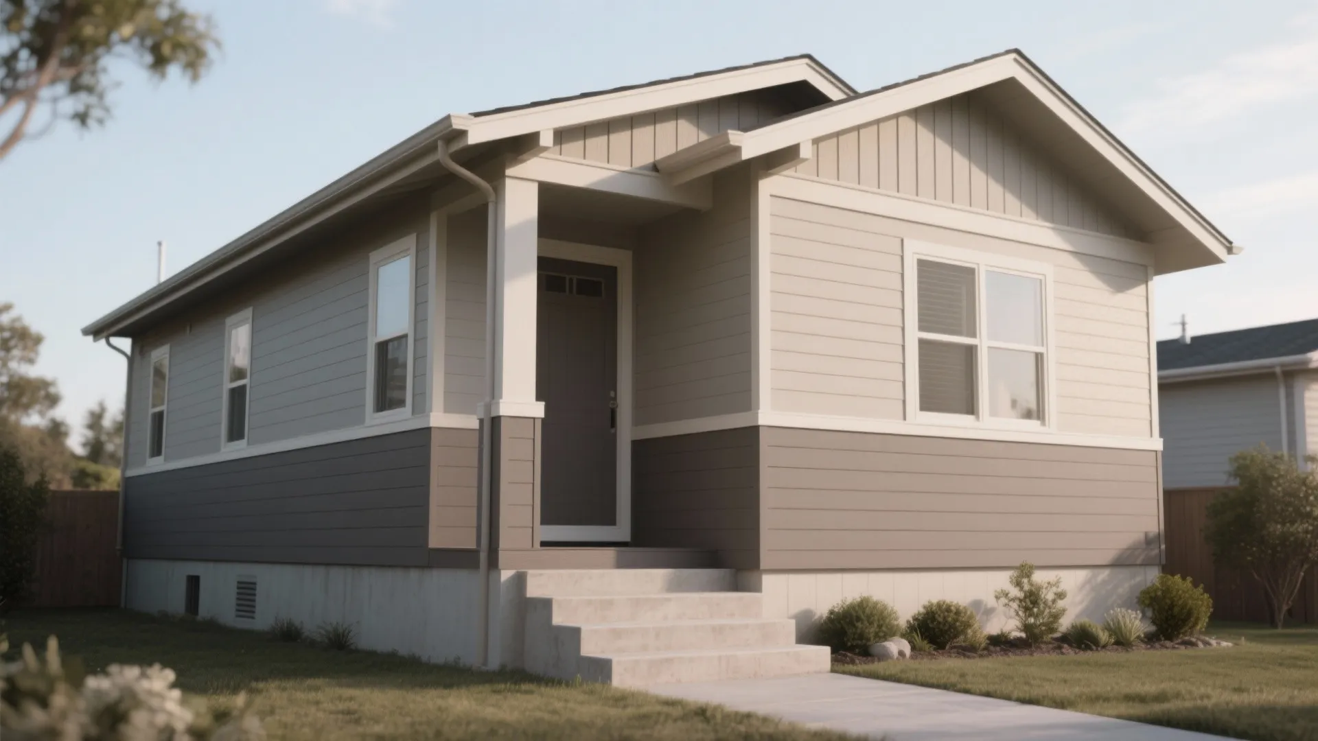 Small two-tone home with light and dark grey wall panels and white trim around windows