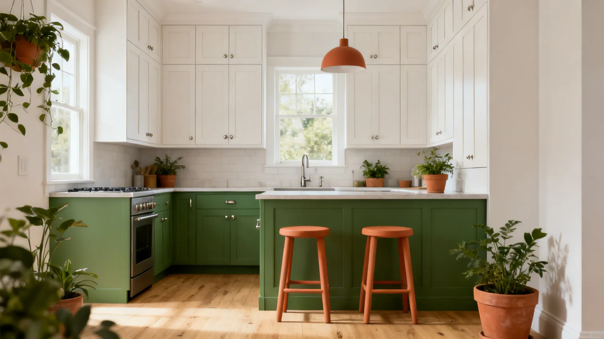 Two-tone kitchen with white uppers, green lowers, and terracotta stools.