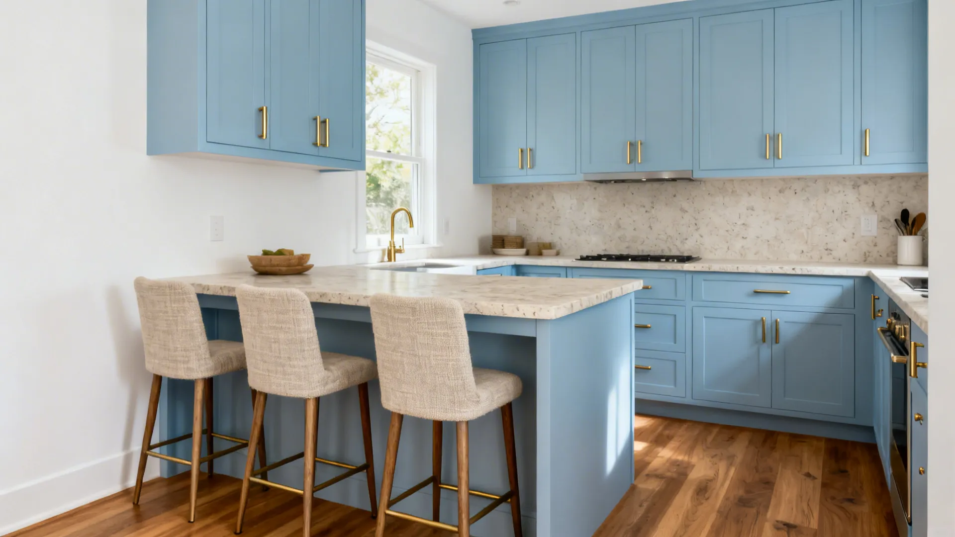 Two-tone sky-blue kitchen with linen stools, honed stone, and matte brass accents.