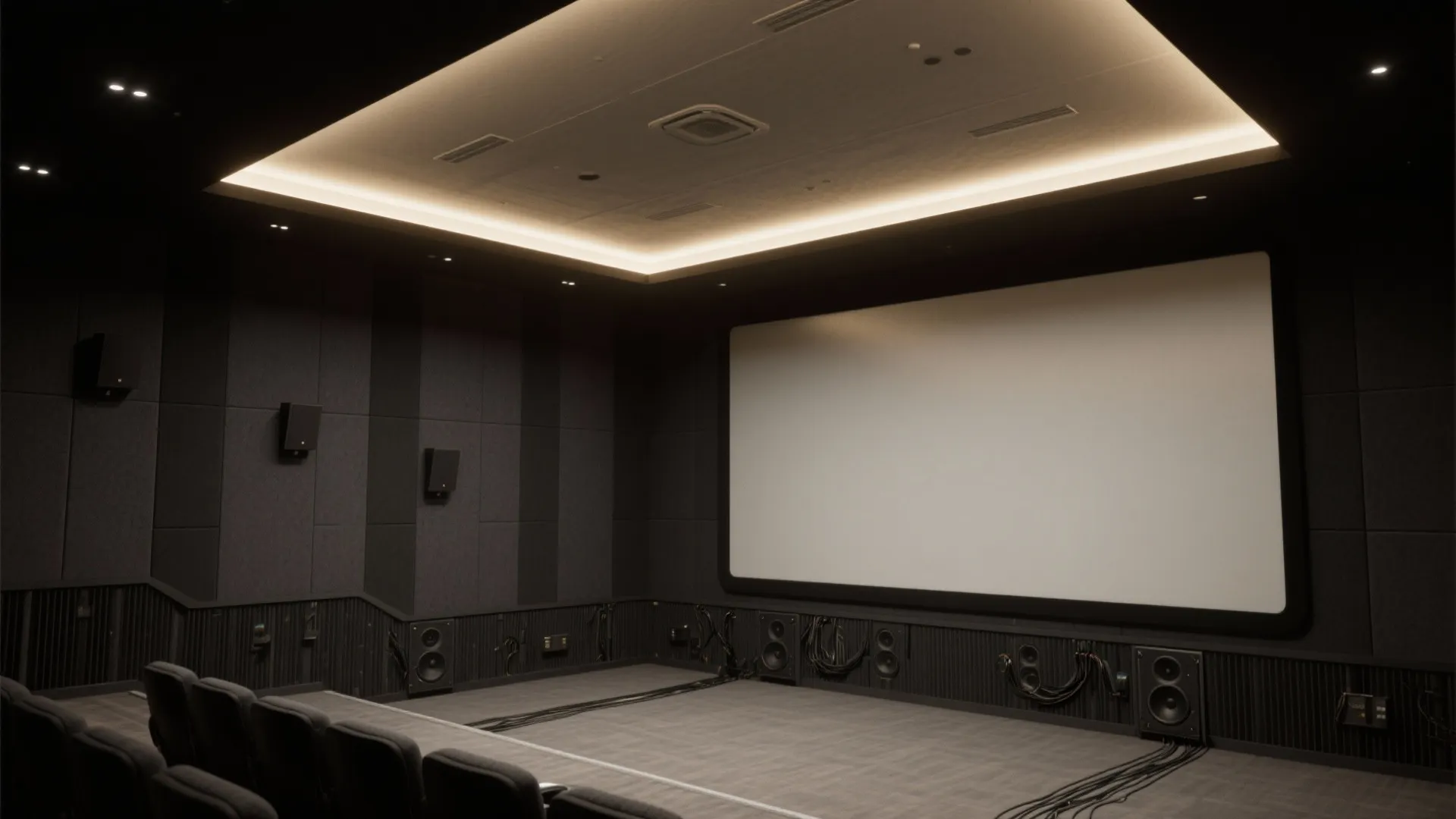 Large home theater room with a big white screen black walls and rows of seating