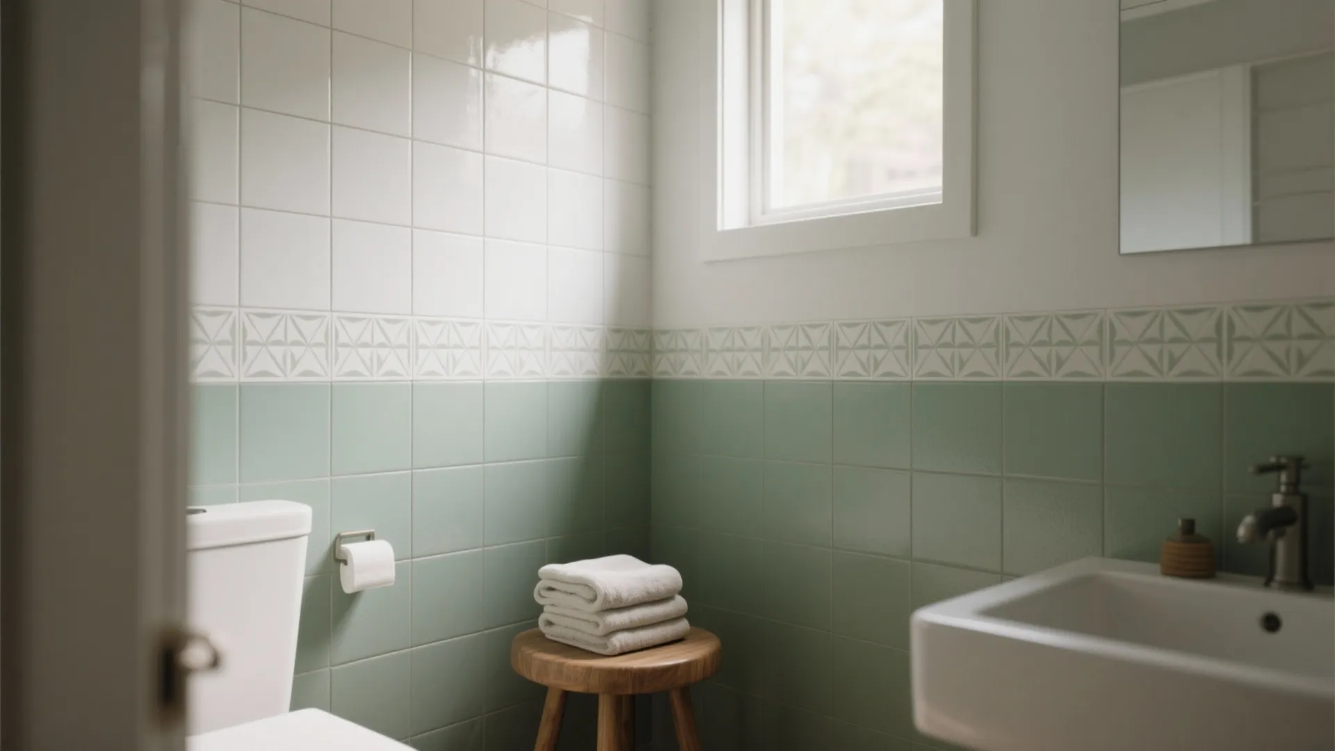 Modern bathroom with white and green wall tiles, wooden stool, white towels, and natural light