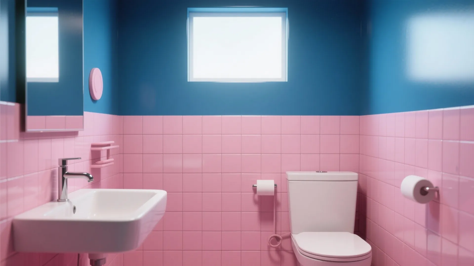 Bright bathroom with blue upper walls pink square wall tiles white sink and white toilet