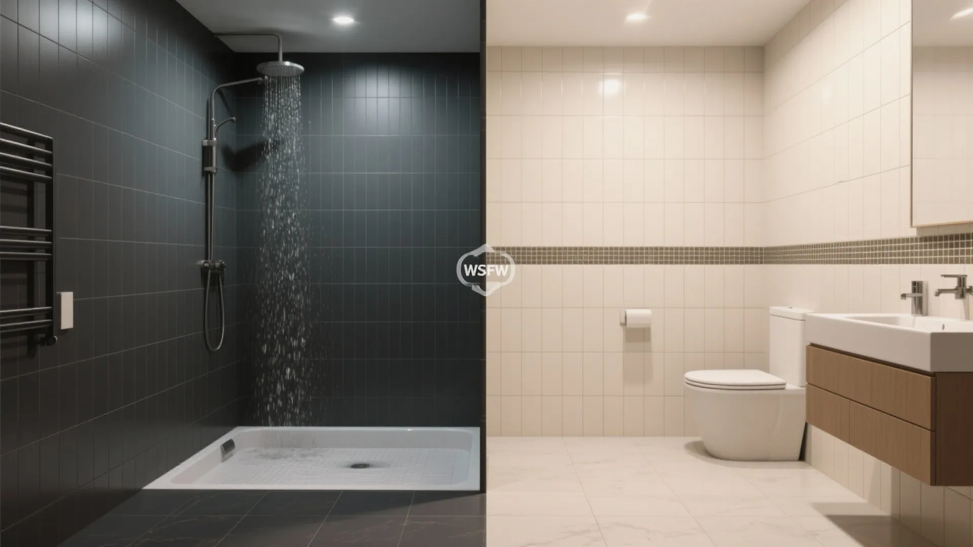 Side by side comparison of a dark grey shower area versus a bright white tiled bathroom