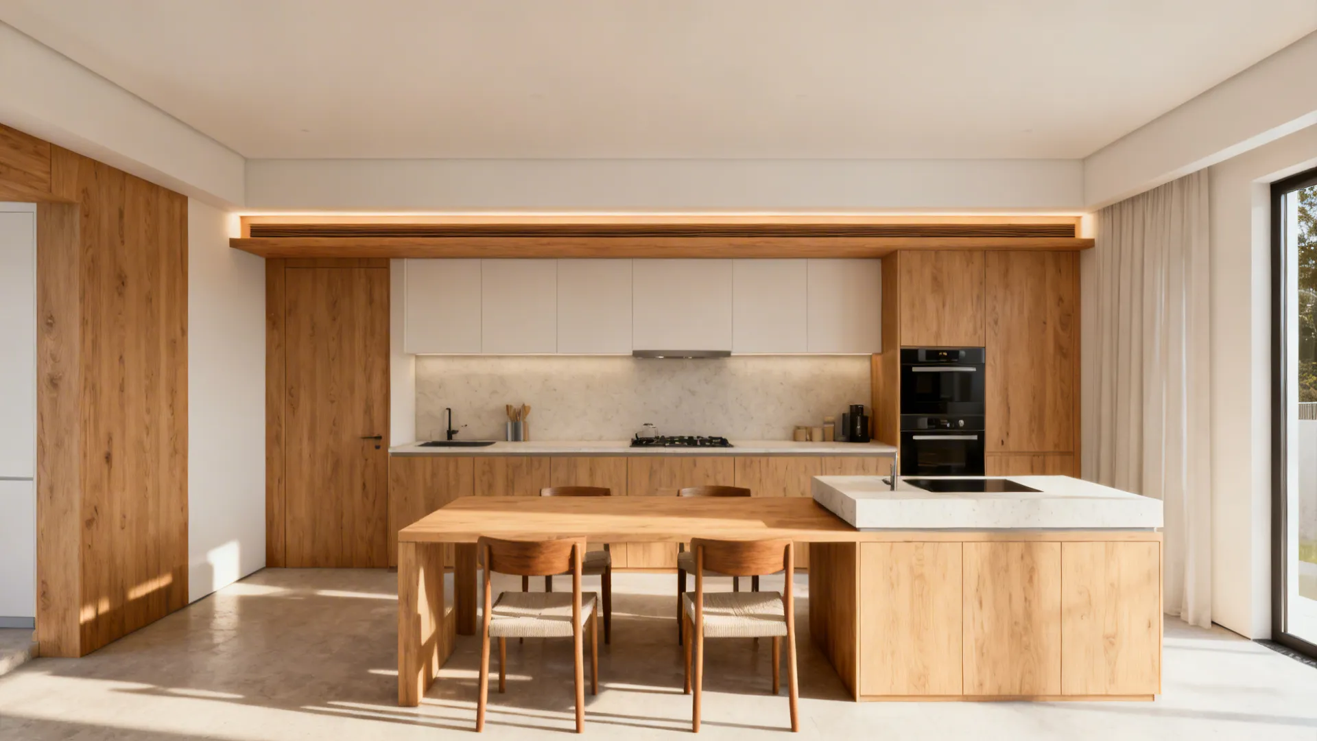 Two-tone ceiling: satin paint + timber reveal