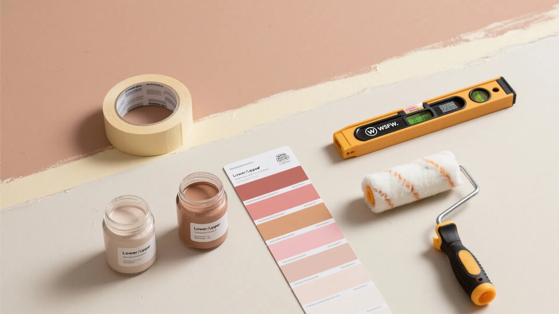 Top-down layout of tape, level, rollers, and paint swatches for two-tone walls.