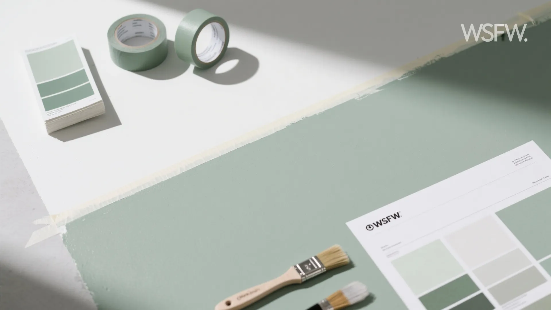 Green paint samples on white surface with masking tape and paint brushes for home renovation