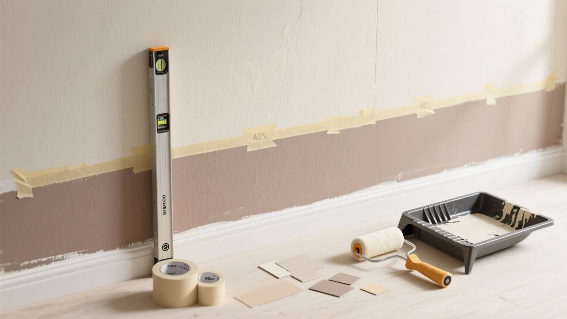Interior wall painting process using masking tape, spirit level, paint roller, and neutral color swatches