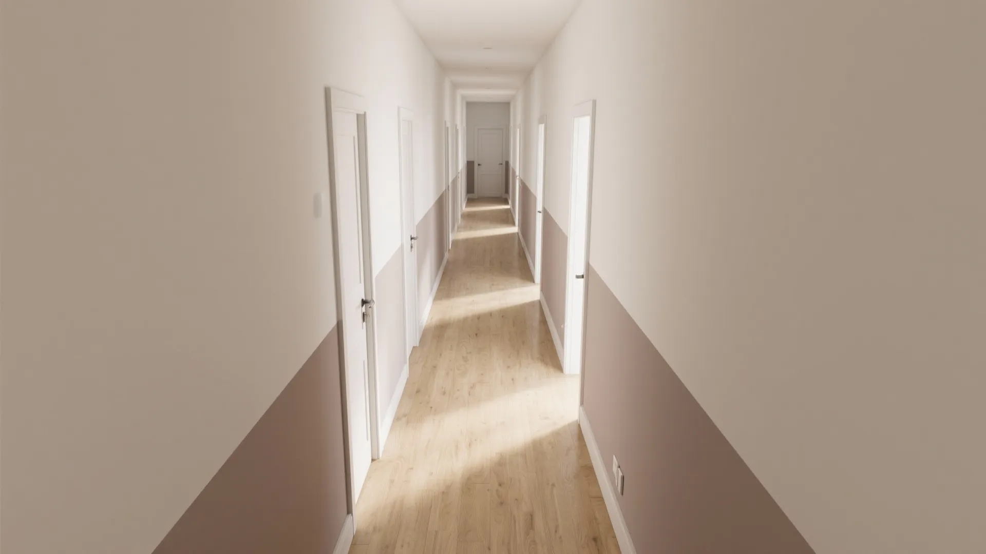 Long hallway with two-tone white and pink walls, wooden flooring, and multiple white room doors
