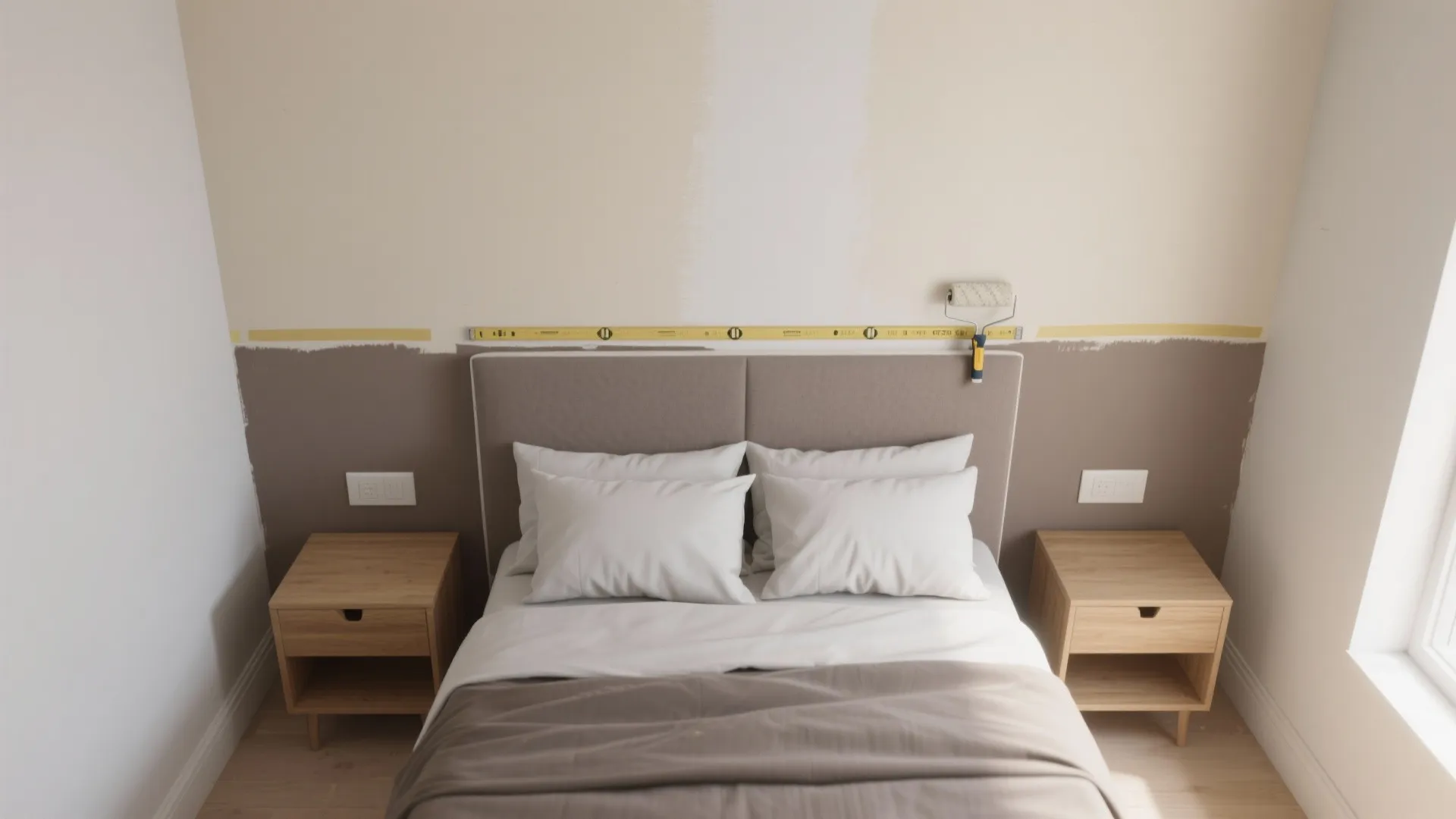 High angle view showing a bedroom wall being painted in two different neutral color tones