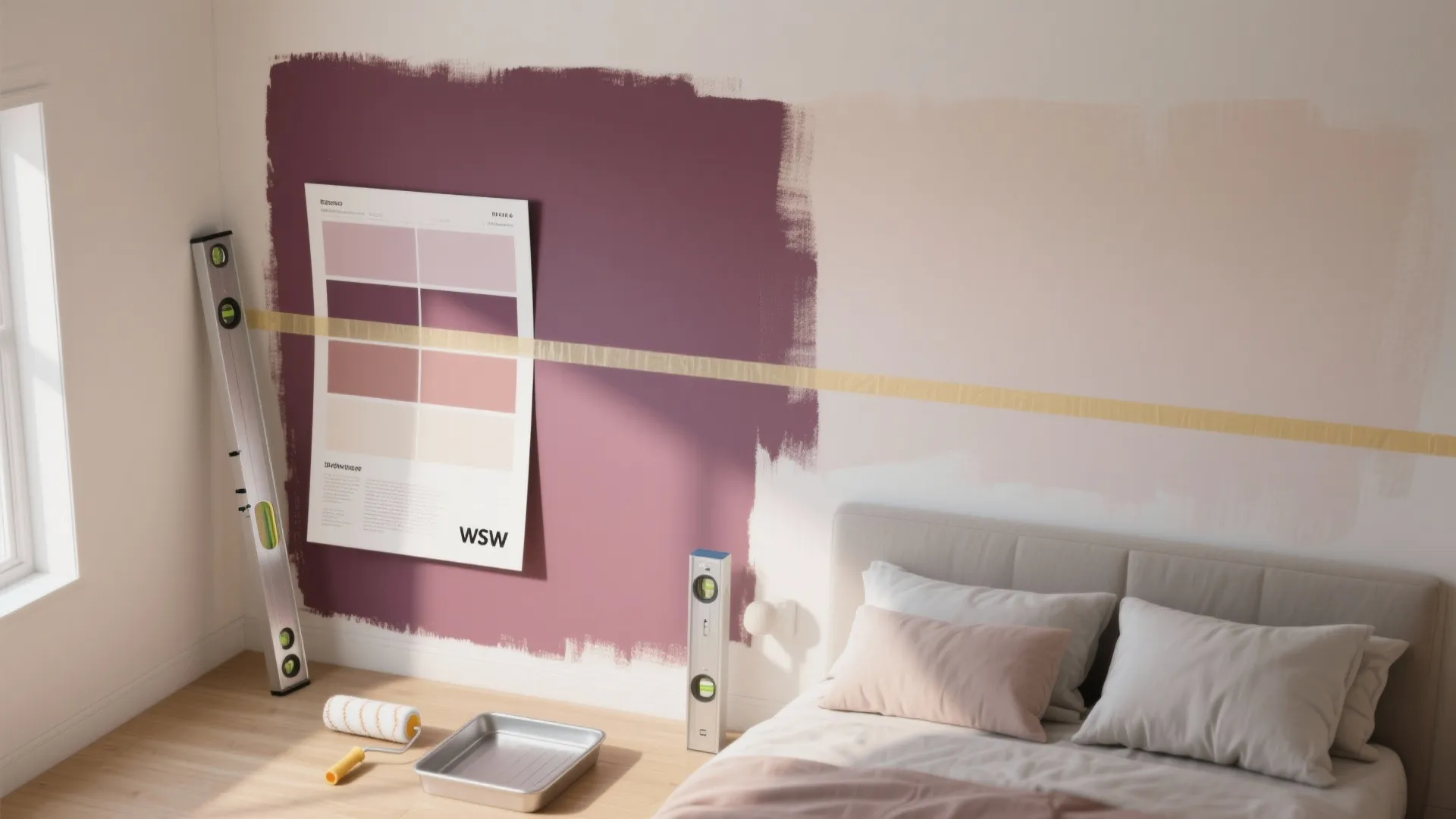 Wall painting project with pink paint patches color palette paint roller tray and two metal levels