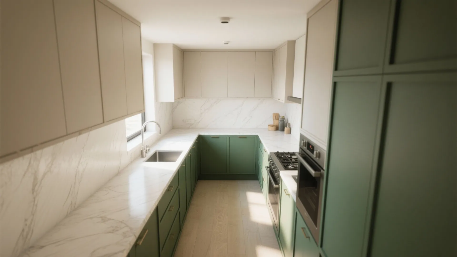 3. Two-tone cabinets: upper light, lower dark