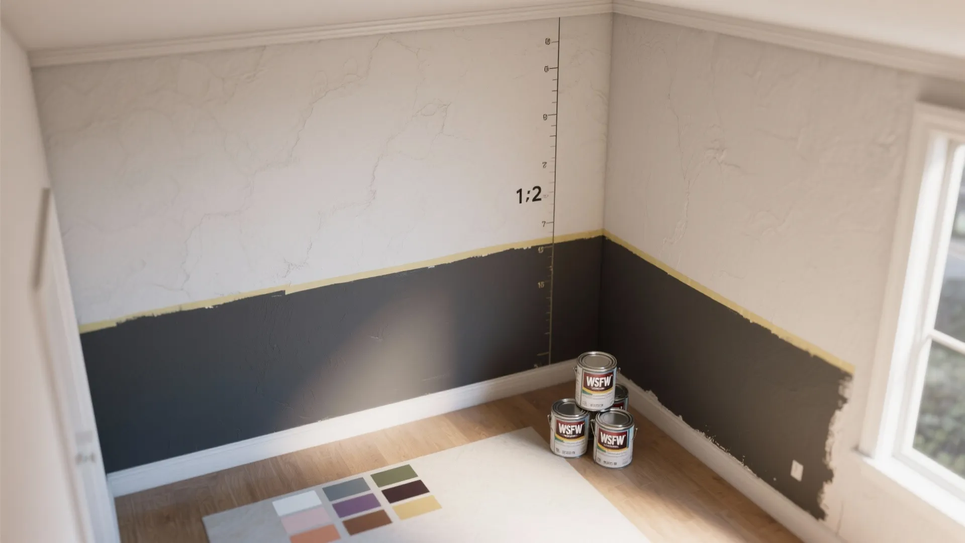 Room corner showing a white and dark grey painted wall with paint cans on floor