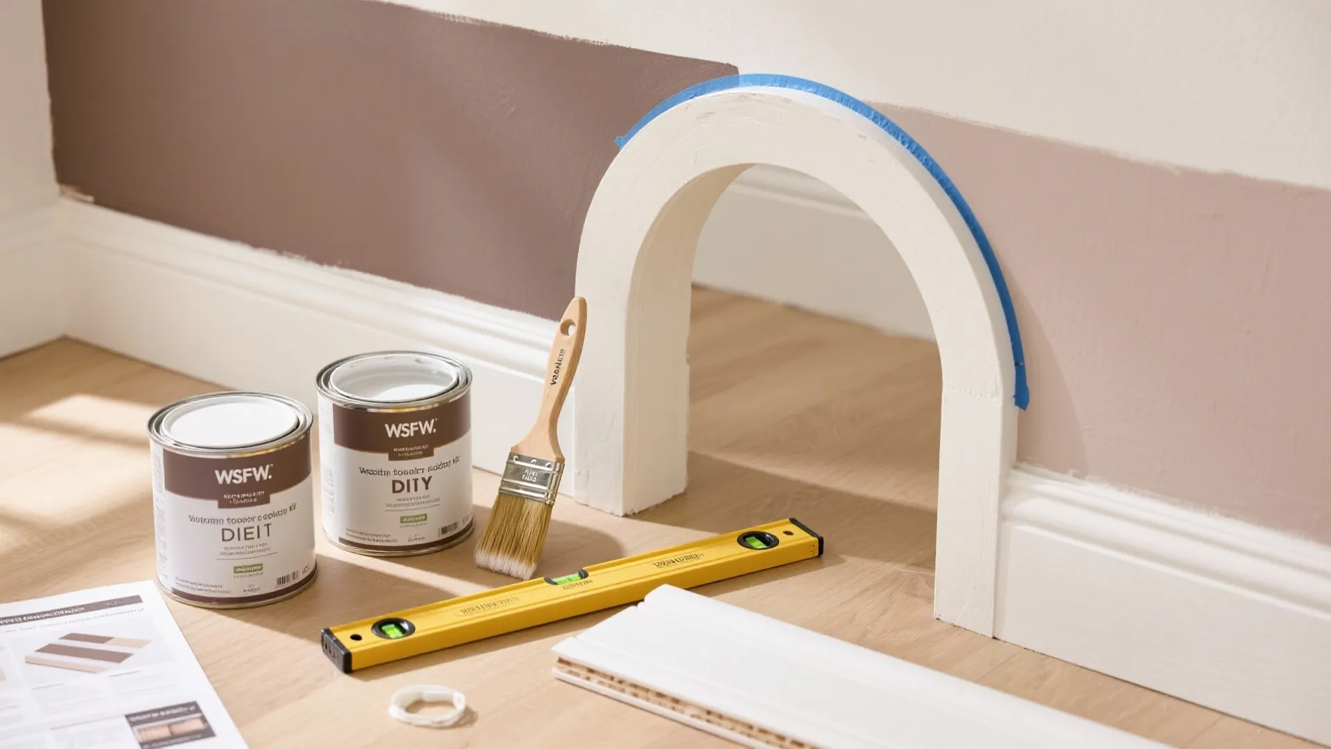 Top-down kit for color blocking: painter’s tape, angled brush, level, taupe and white paints, and skirting sample.