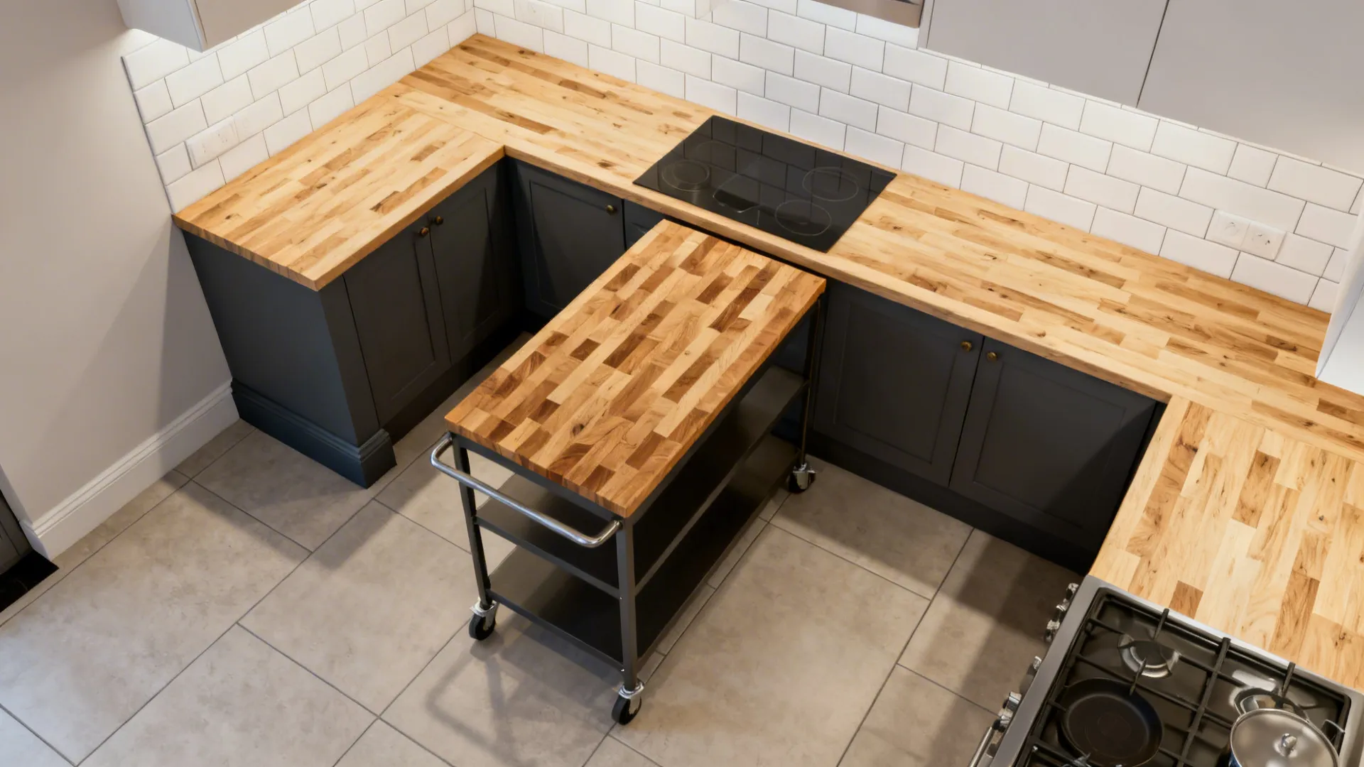Top-down L-shaped kitchen plan highlighting a two-tone trolley with pale wood top and dark base.
