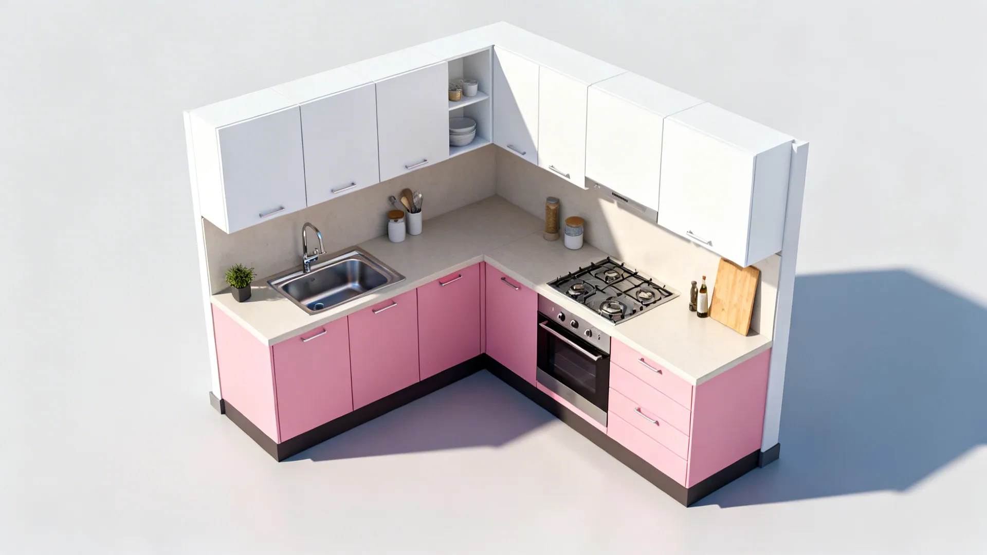 Top-down view of L-shaped two-tone kitchen with pink lowers and white uppers.