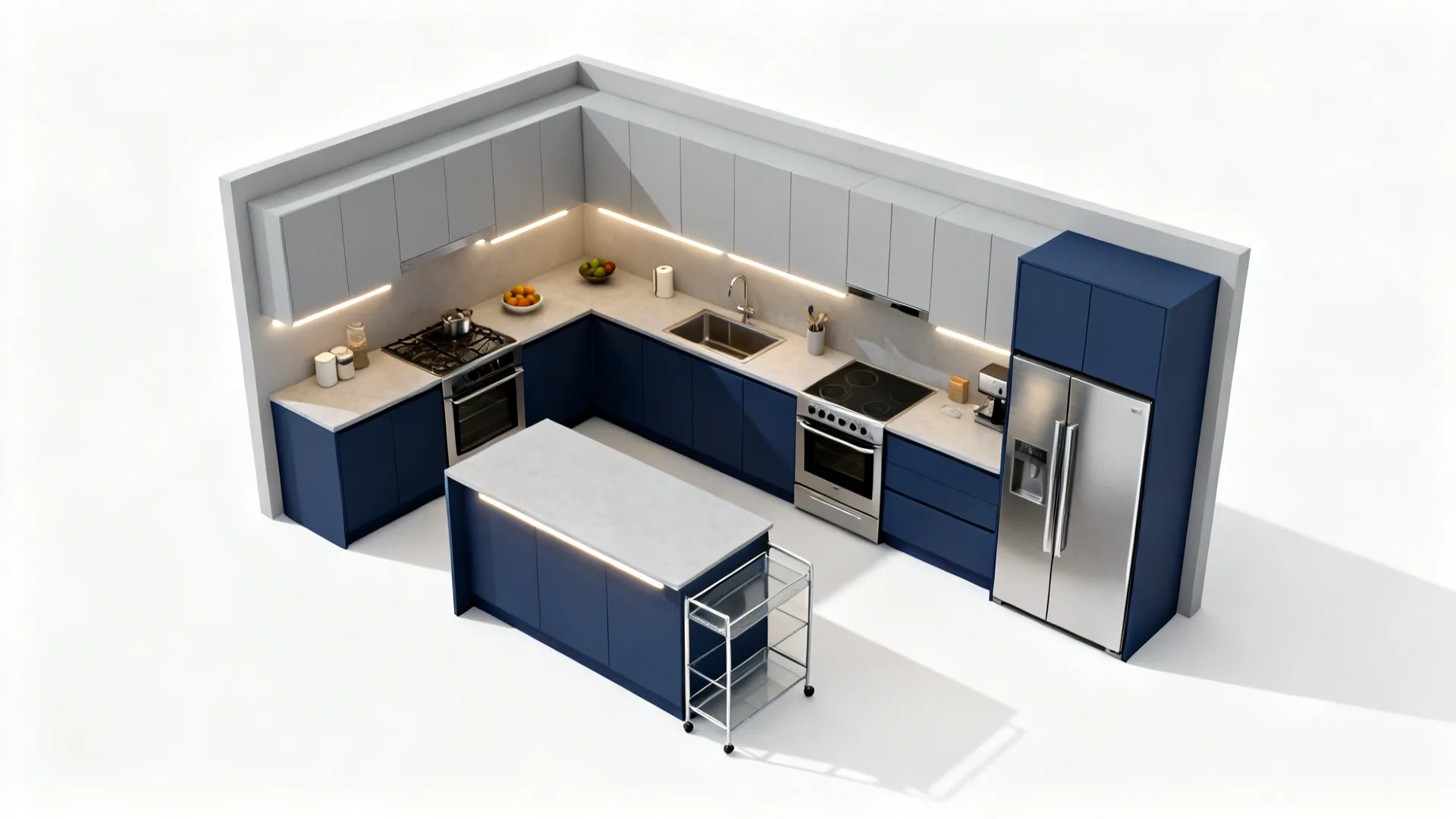 Top-down view mapping blue base cabinets and grey uppers with clear circulation.
