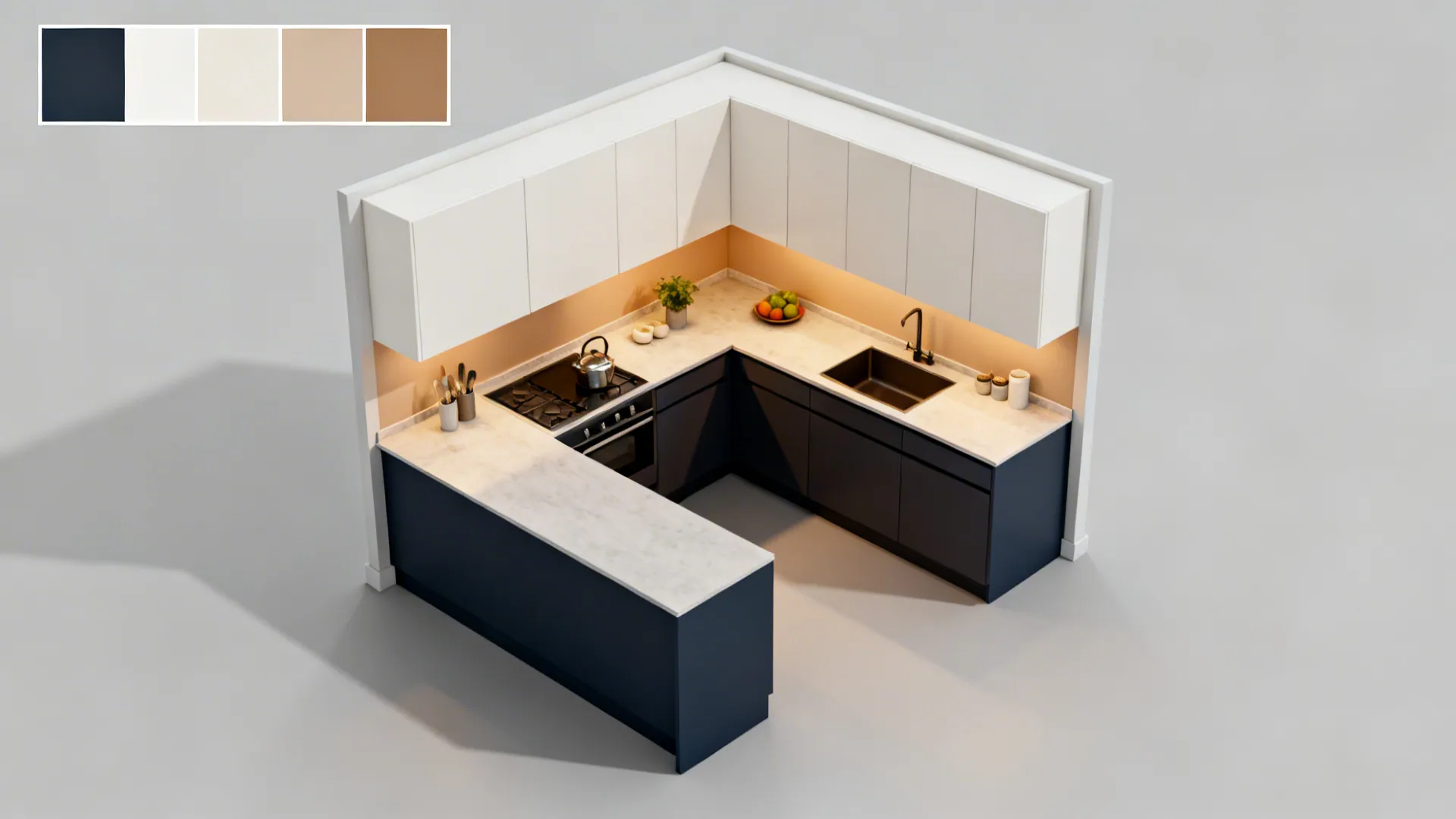 Two-tone laminate schemes that zone small kitchens