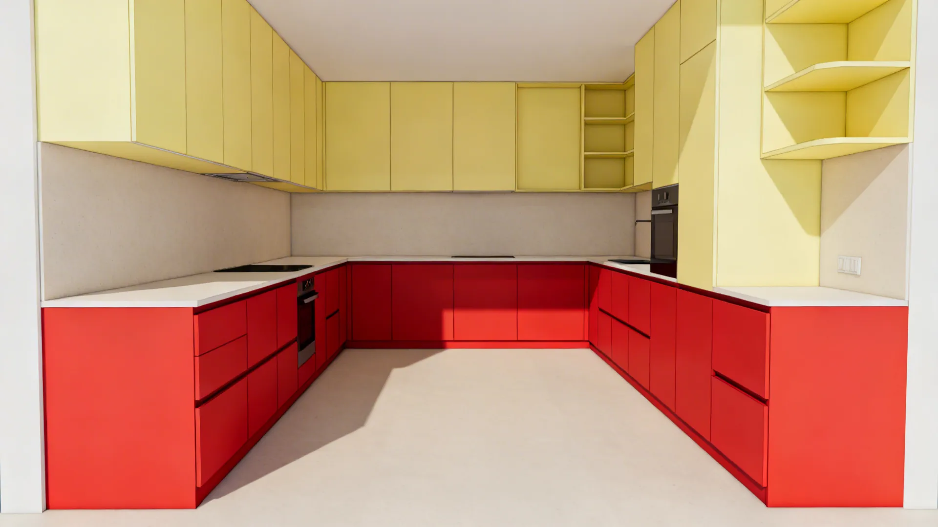 Top-down plan showing red lower cabinets at 60% and soft yellow uppers at 40%.