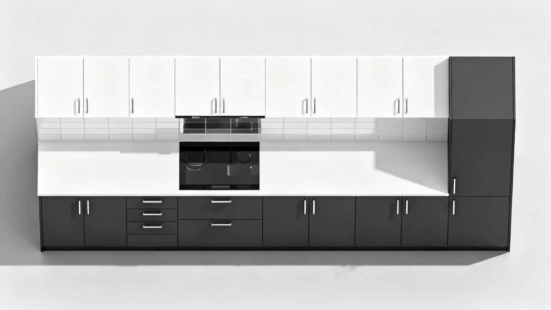 Top-down plan view highlighting white uppers and charcoal lowers in a galley layout.