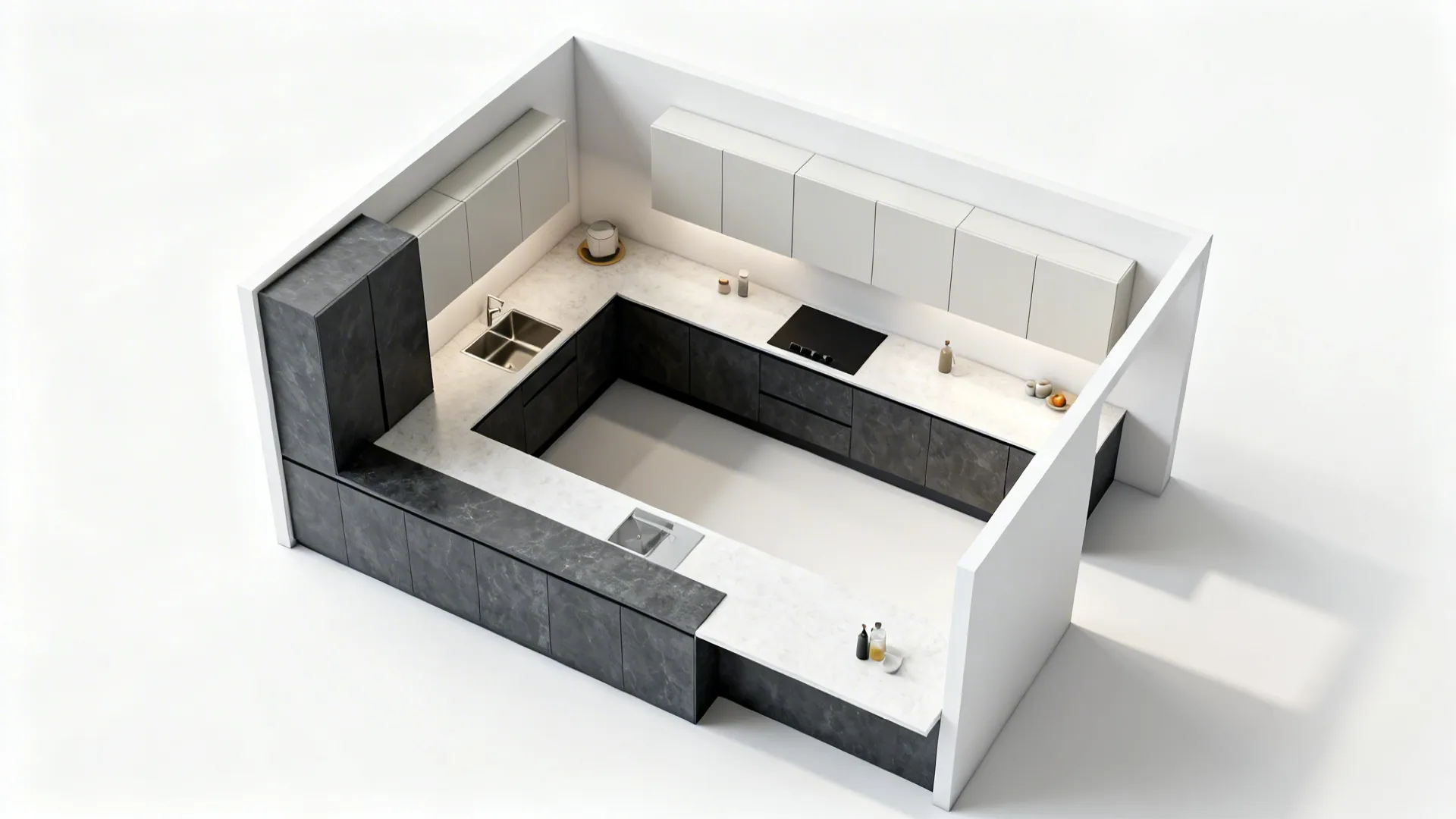 Top-down L-shaped layout showing dark base and light upper mica cabinet zoning.