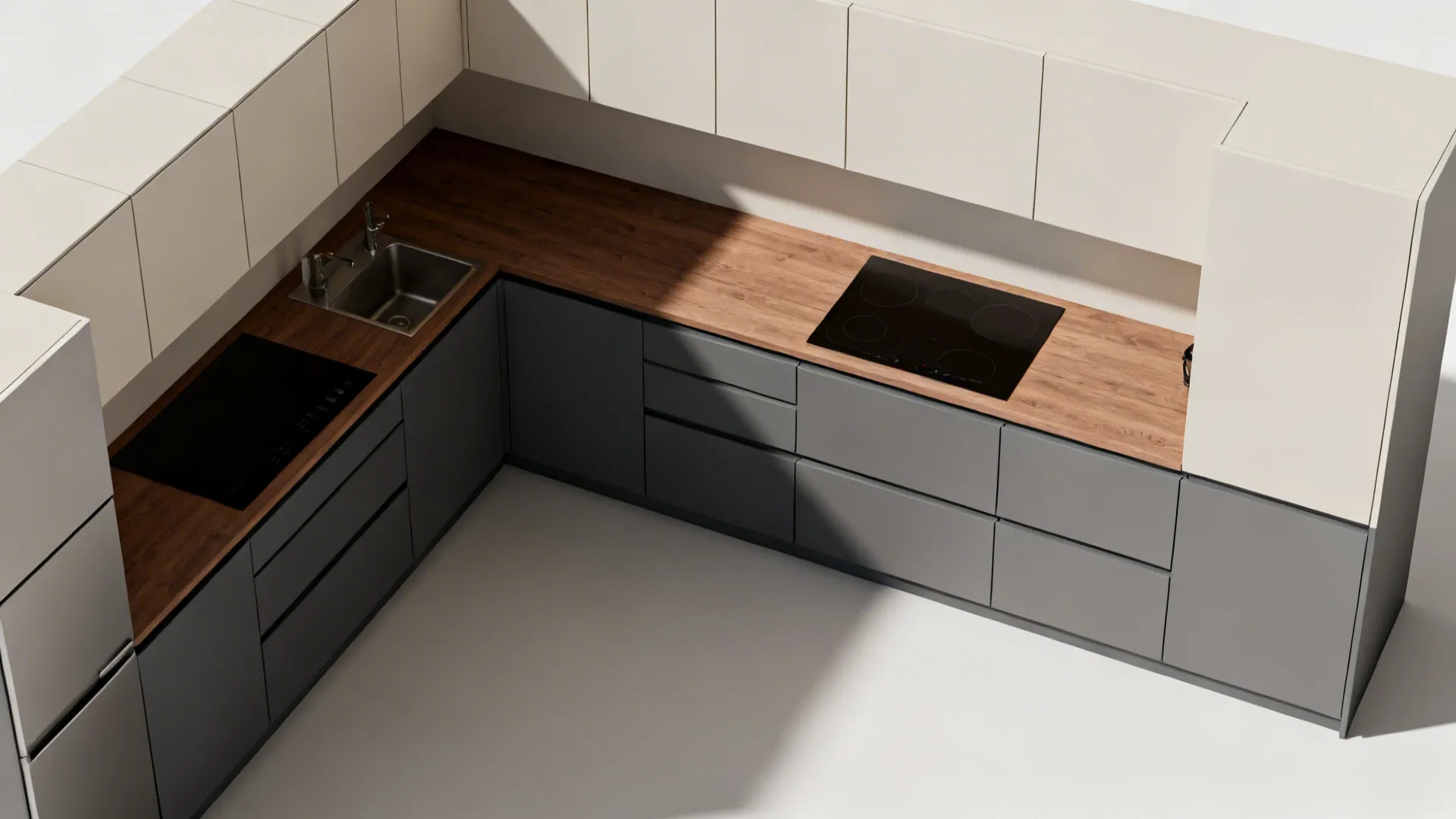 Top-down visualization of a narrow two-tone kitchen with a continuous wood worktop.