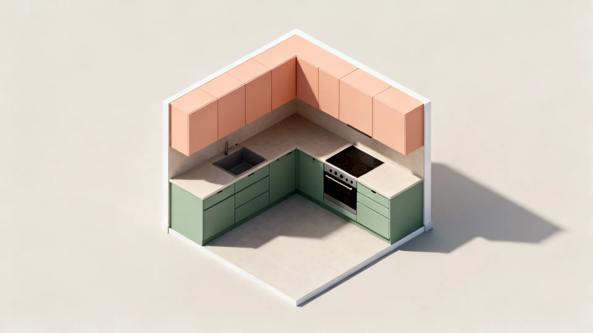 Top-down view of a compact U-shaped kitchen showing peach uppers and sage lowers.