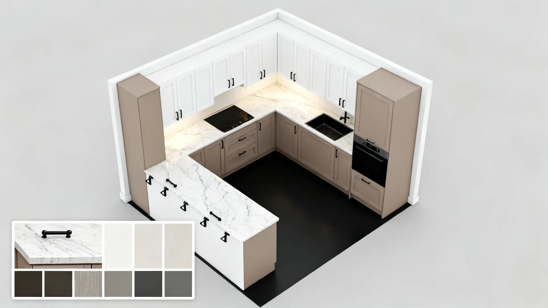 Top-down plan showing two-tone cabinet zoning over a matte black kitchen floor.