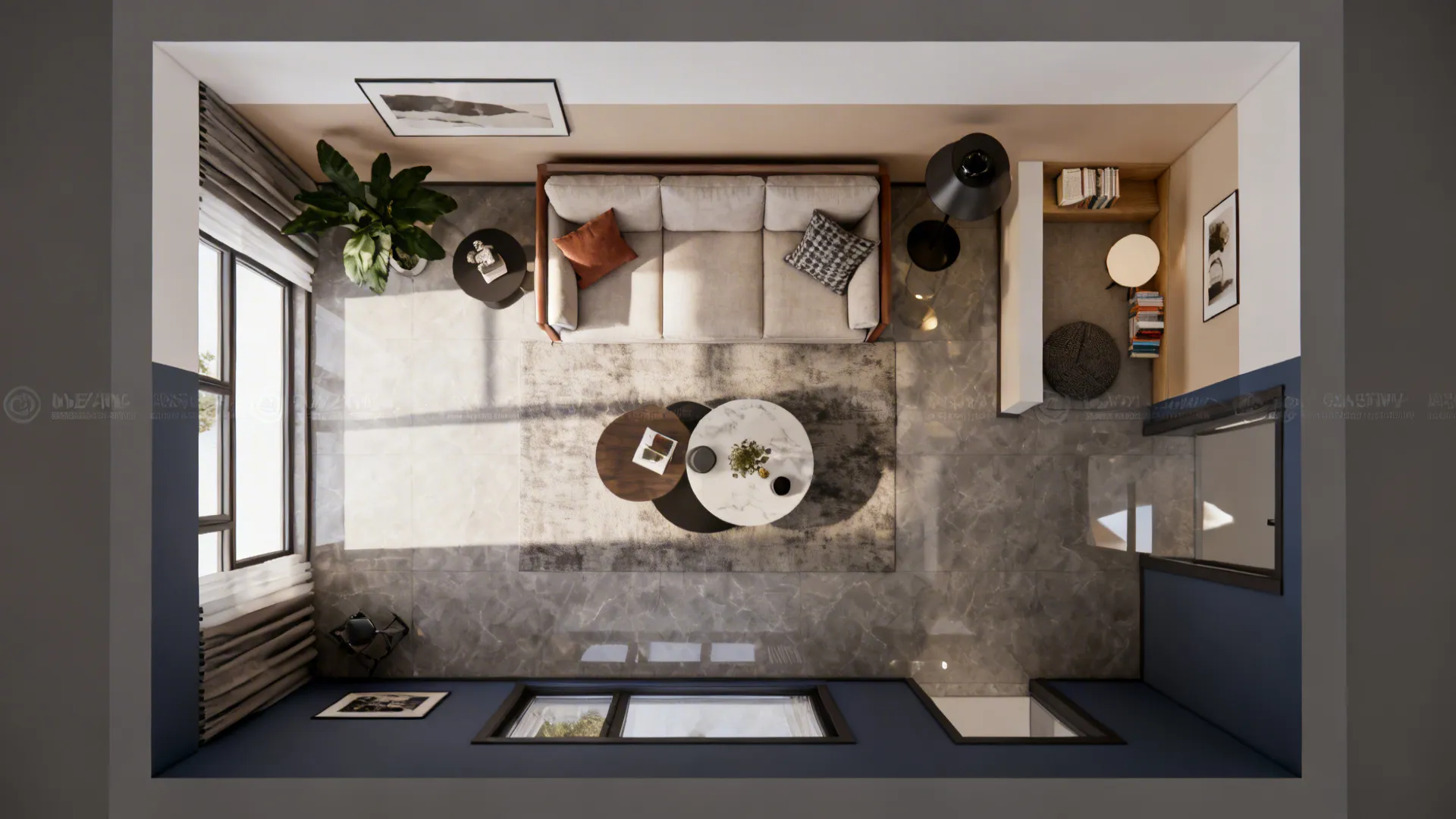 Top-down plan showing two-tone wall bands with lighter ceiling, sofa zoning, and reading nook layout.