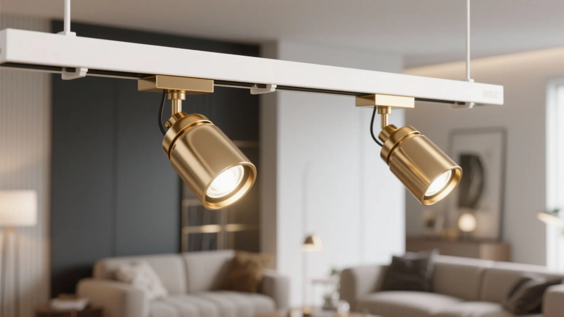 White and brass two-tone track lighting fixture close-up