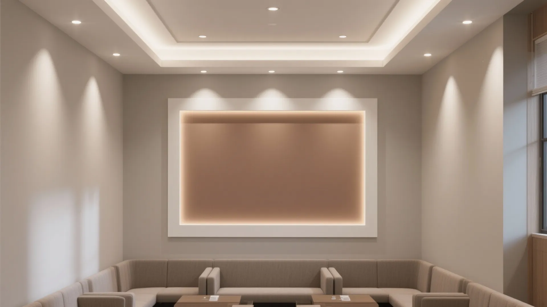 Modern living room featuring a recessed ceiling light and large wall panel with warm lighting