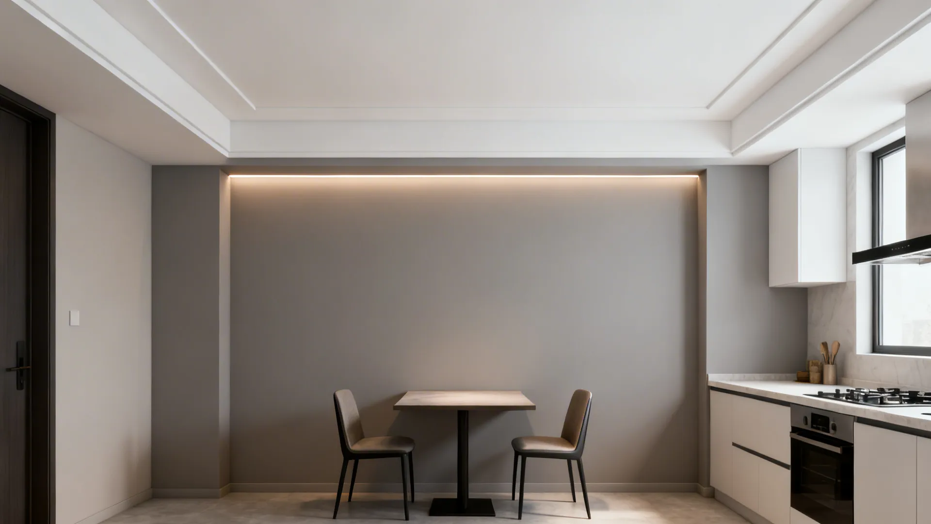 Eat-in kitchen with two-tone tray ceiling zoning cook and dining areas with subtle LED glow.