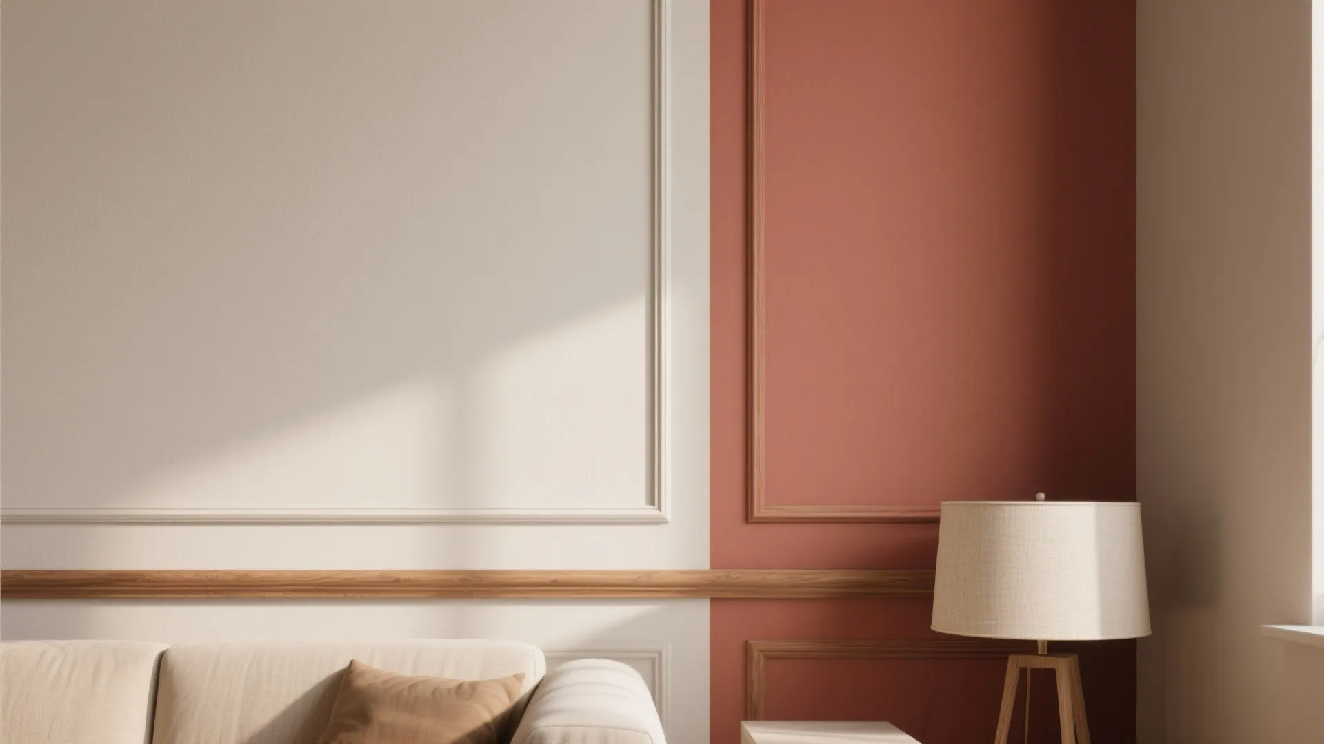 Close up of white and orange wall panel design with wood trim sofa and lamp