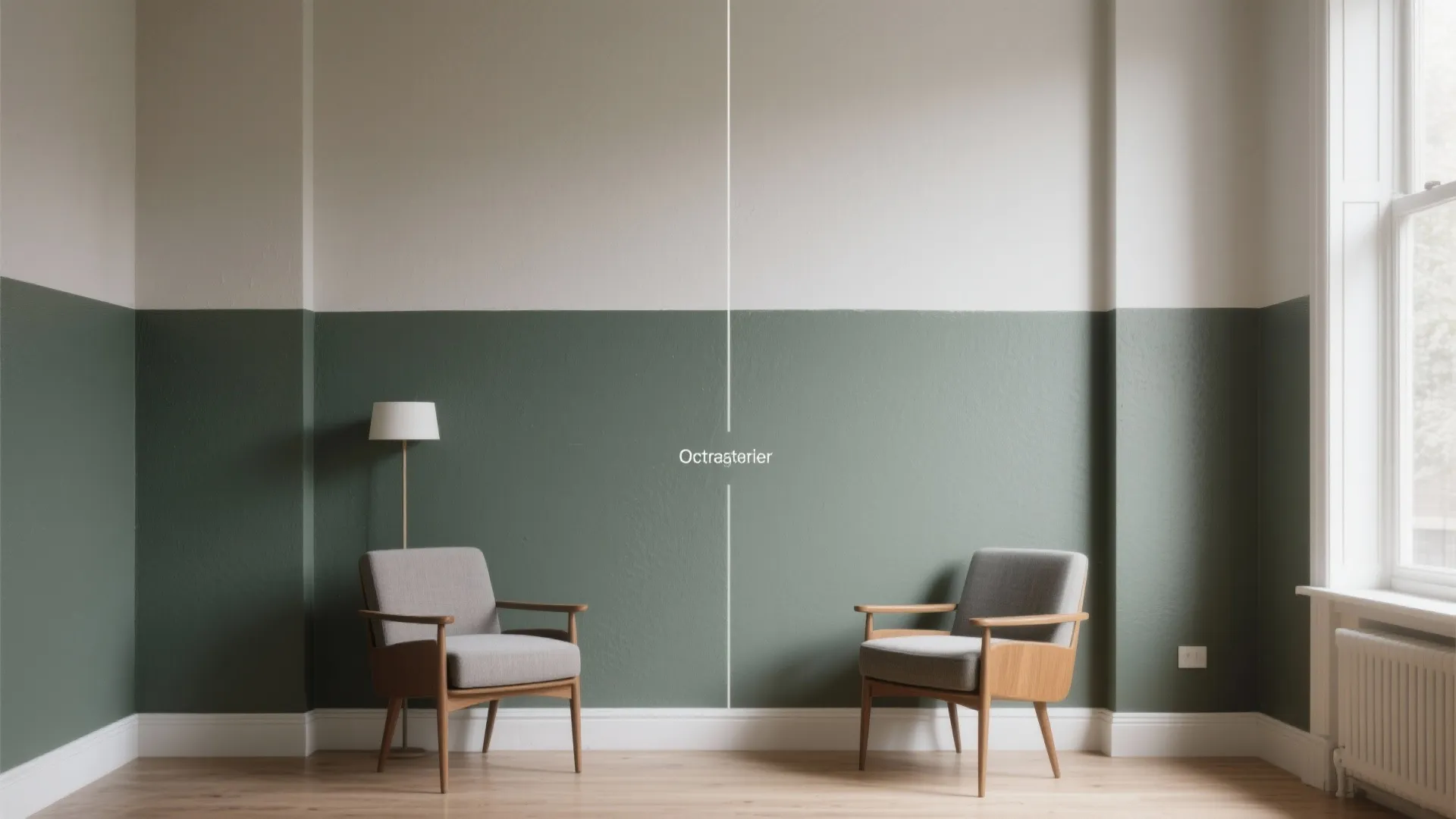 Living room wall featuring a two-tone paint design with green and white divided by line