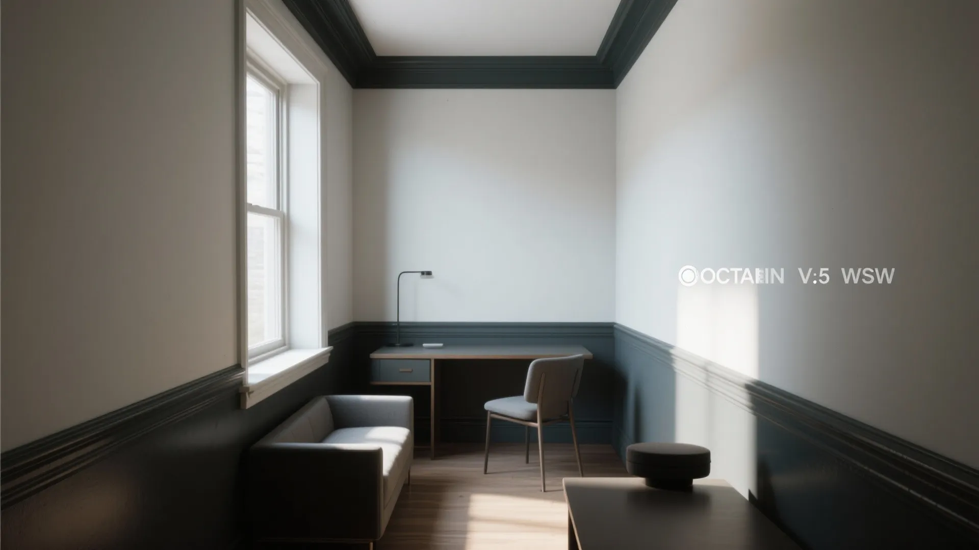 Compact room showing darker trim against lighter walls with semi-gloss trim and increased perceived height.