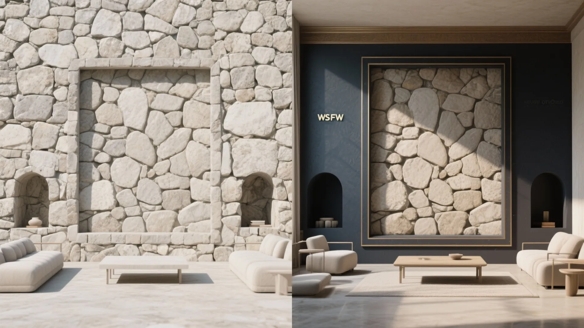 Before-and-after comparison of a rough stone wall versus a modern dark blue living room design