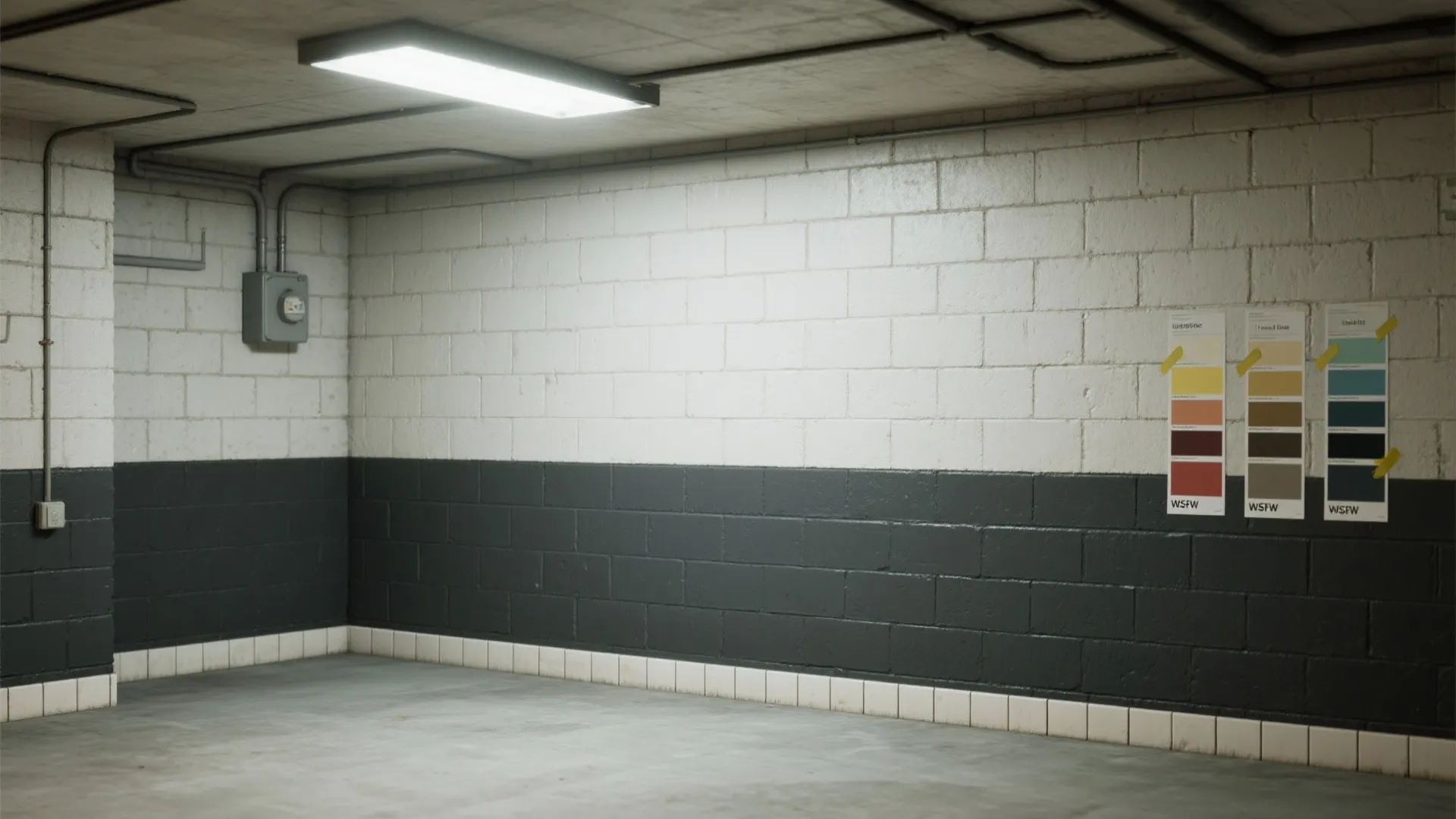 Basement concrete block wall painted two-tone with a darker washable lower third, light upper two-thirds and accent trim, with mock-up swatches.