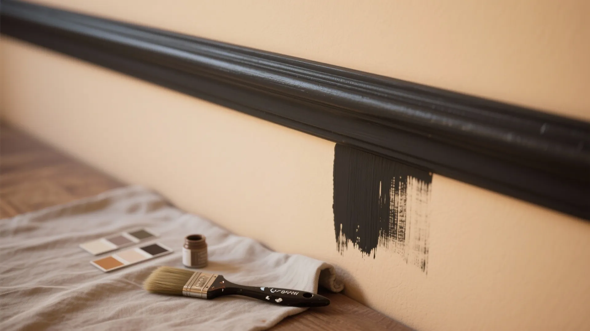 Macro view of darker charcoal trim contrasted with a warm eggshell wall, showing brush strokes and paint tester swatches.