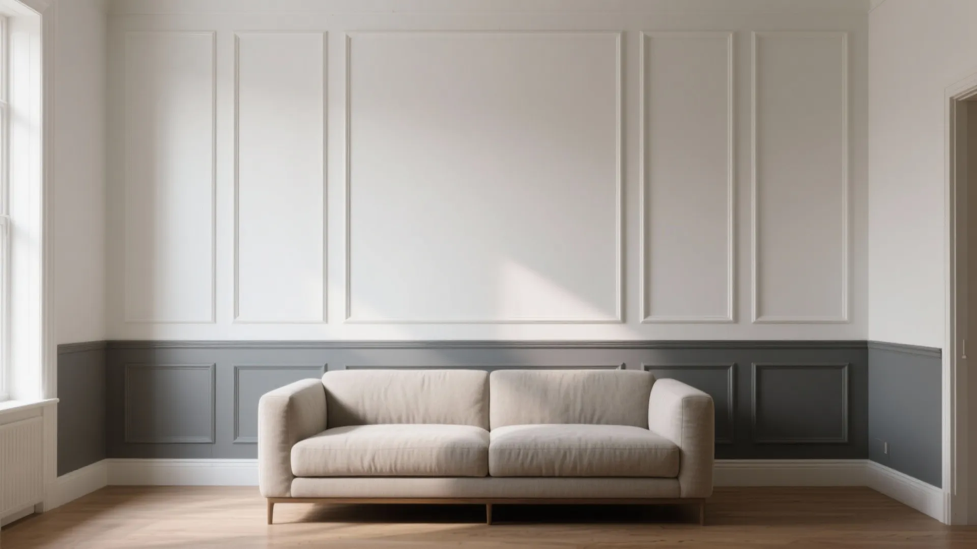 Cream sofa in front of wall panel with grey bottom part and white top part