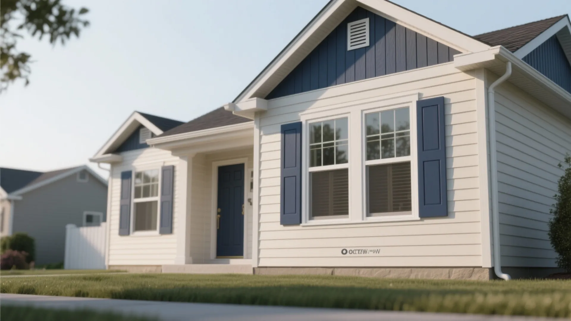 Modern house exterior featuring white siding blue window shutters and a matching blue front door