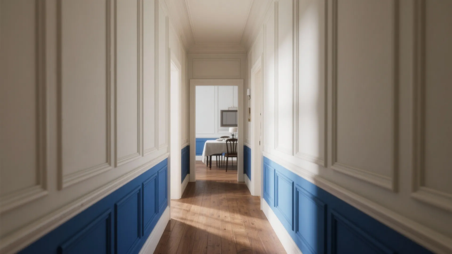 Bright hallway with white upper walls and blue wall panels leading into a dining room