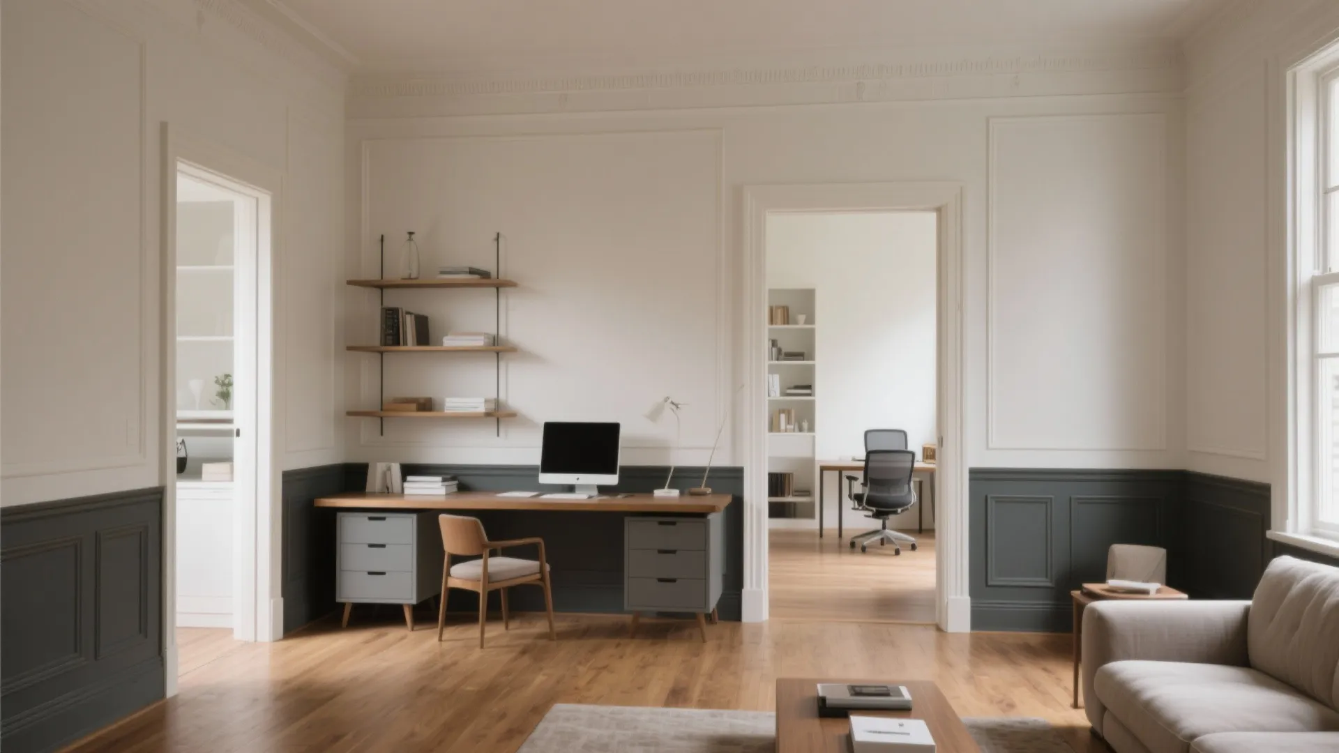 Living and workspace defined by two-tone trim—darker moldings against pale walls—creating clear visual zones.