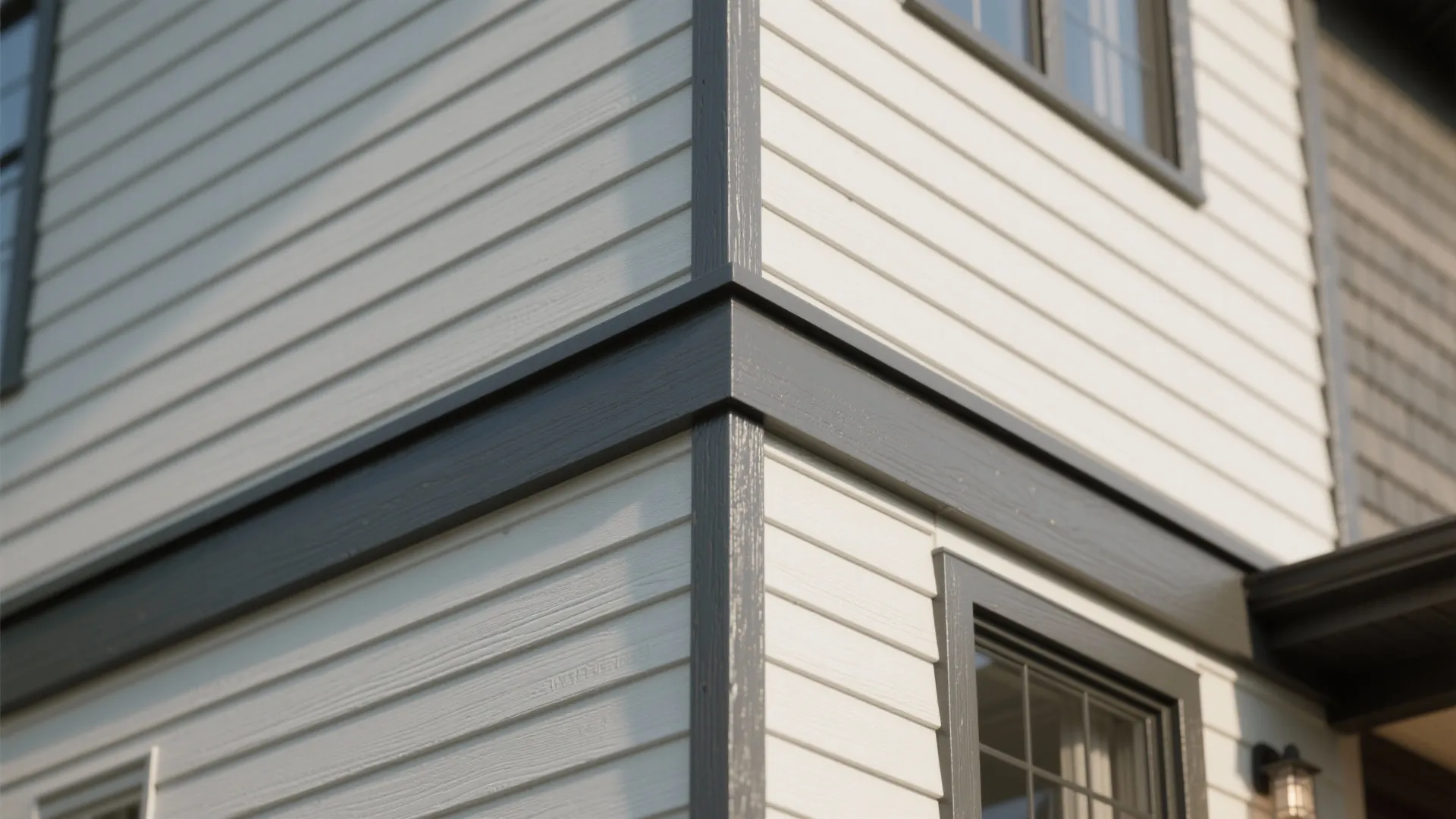 Close-up of white wall siding panels with dark grey corner trim and a window frame