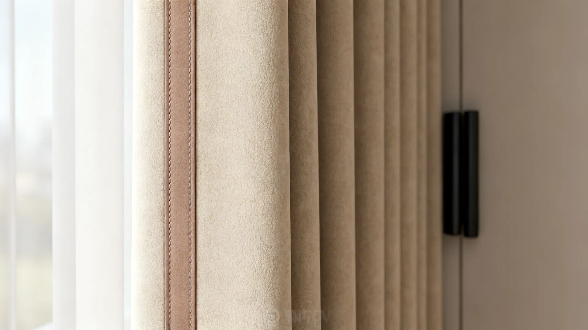 Beige curtain edge with slim darker-beige trim and neat stitching for a tailored look.
