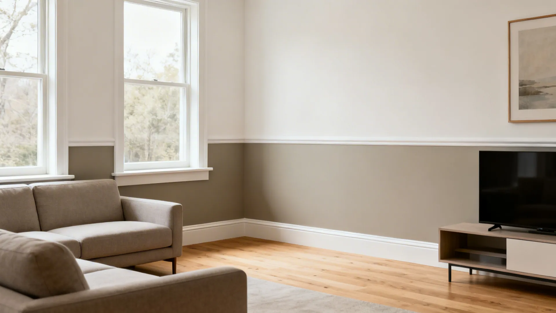 Living room with warm greige lower wall and off-white upper wall divided by a crisp line.