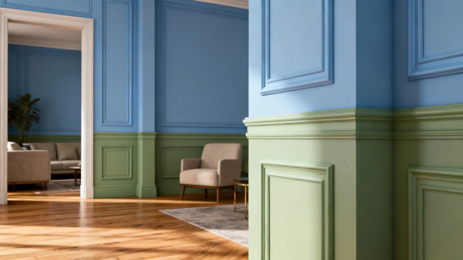 Room with two-tone trim: soft blue above and muted green below